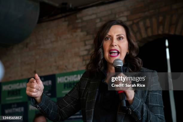 Michigan Governor Gretchen Whitmer speaks to supporters at a rally at the Crofoot Ballroom on November 6, 2022 in Pontiac, Michigan. Gov. Whitmer...