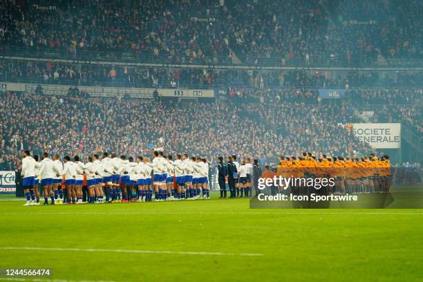 Teams are lined up for the national anthems priori to the Autumn Nations Series game between France and Australia at Stade de France on November 5,...