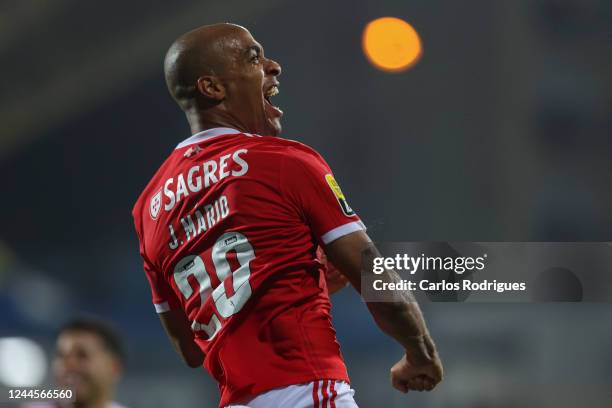 Joao Mario of SL Benfica celebrates scoring SL Benfica fourth goal during the Liga Portugal Bwin match between GD Estoril and SL Benfica at Estadio...