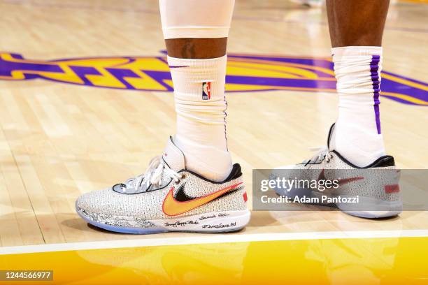 The sneakers worn by LeBron James of the Los Angeles Lakers during the game against the Cleveland Cavaliers on November 6, 2022 at Crypto.Com Arena...