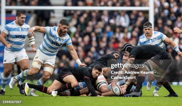 Alex Coles of England pounces on the loose ball during the Autumn International match between England and Argentina at Twickenham Stadium on November...