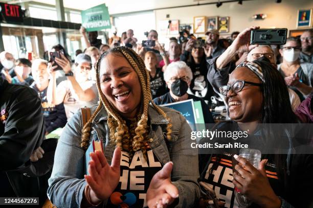 Supporters cheer speakers at a rally for Michigan Governor Gretchen Whitmer and other Democrats at the Crofoot Ballroom on November 6, 2022 in...