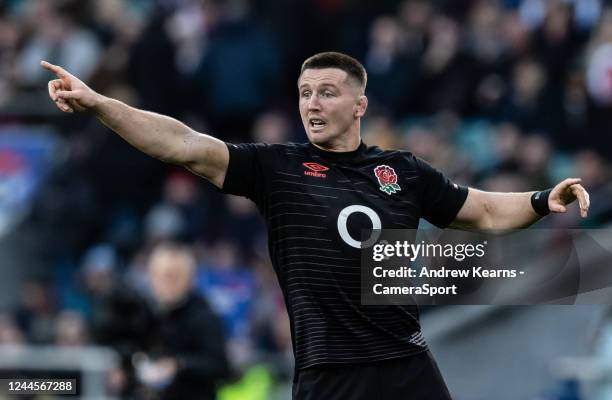 Tom Curry of England gestures during the Autumn International match between England and Argentina at Twickenham Stadium on November 6, 2022 in...