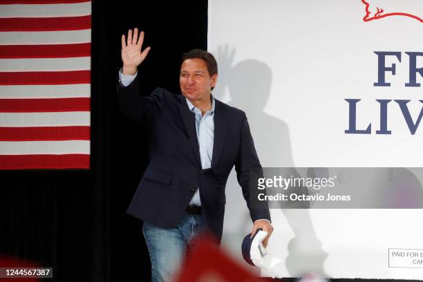 Republican incumbent Florida Gov. Ron DeSantis walks on stage to give a campaign speech at the SCC Community Hall on November 6, 2022 in Sun City...