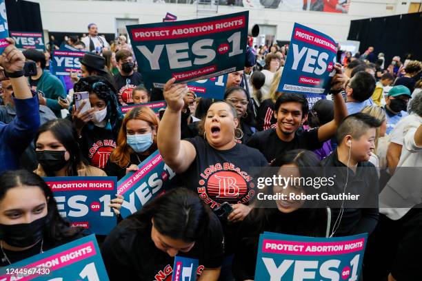 Long Beach, CA, Sunday, November 6, 2022 Students show their enthusiasm at a rally endorsing ballot proposition 1 at Long Beach City College.