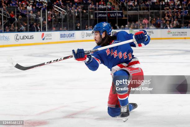 Mika Zibanejad of the New York Rangers shoots the puck against the Detroit Red Wings at Madison Square Garden on November 6, 2022 in New York City.