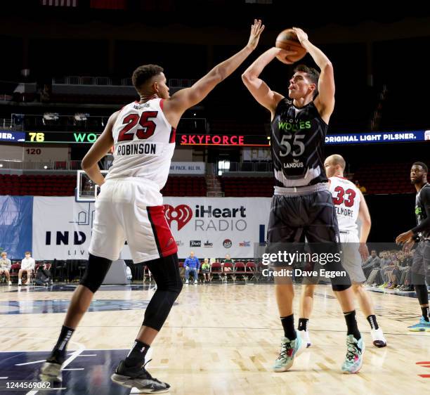 November 6: Luka Garza of the Iowa Wolves shoots a jumper against the Sioux Falls Skyforce at the Wells Fargo Arena on November 6, 2022 in Des...