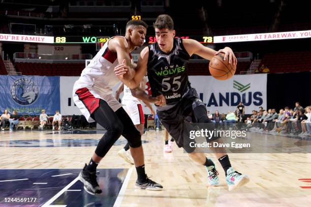 November 6: Luka Garza of the Iowa Wolves makes a move to the basket against Orlando Robinson of the Sioux Falls Skyforce at the Wells Fargo Arena on...