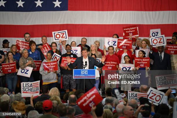Candidate for senate Mehmet Oz speaks during a rally on the outskirts of Bethlehem, Pennsylvania on November 6, 2022.