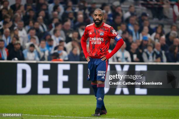 Alexandre Lacazette of Olympique Lyonnais looks on during the Ligue 1 match between Olympique de Marseille and Olympique Lyonnais at Orange Velodrome...