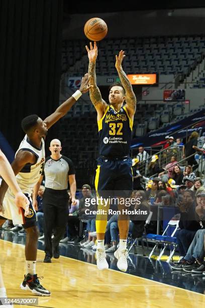 Fort Wayne, IN Gabe York of the Fort Wayne Mad Ants hits the game winner against the Grand Rapids Gold at Memorial Coliseum in Fort Wayne, Indiana....