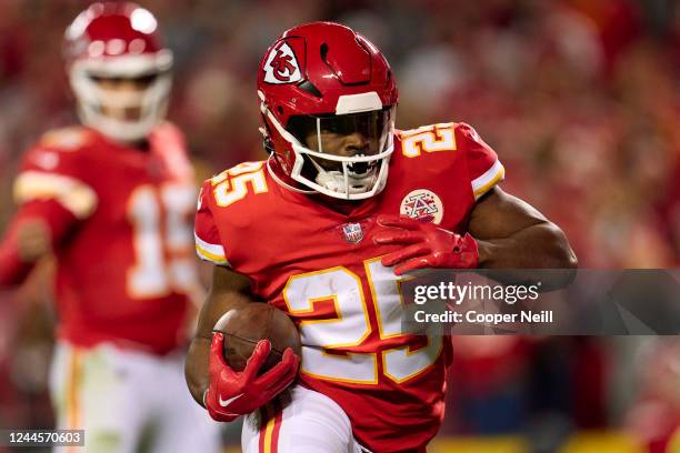 Clyde Edwards-Helaire of the Kansas City Chiefs carries the ball against the Tennessee Titans during the first half at GEHA Field at Arrowhead...