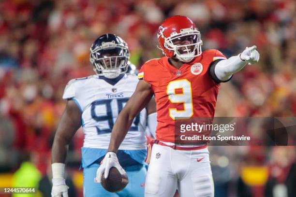 Kansas City Chiefs wide receiver JuJu Smith-Schuster motions for a first down after a play against the Tennessee Titans on November 6th, 2022 at GEHA...