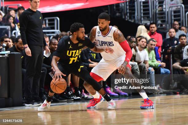 Mike Conley of the Utah Jazz dribbles the ball during the game against the LA Clippers on November 6, 2022 at Crypto.com Arena in Los Angeles,...