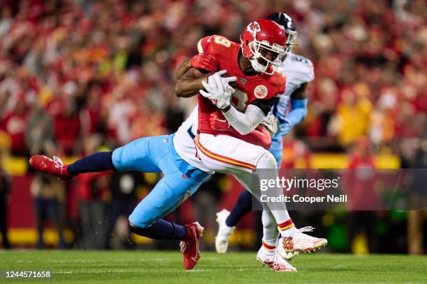 JuJu Smith-Schuster of the Kansas City Chiefs runs with the ball against the Tennessee Titans during the second half at GEHA Field at Arrowhead...