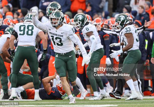 Ben VanSumeren of the Michigan State Spartans reacts during the game against the Illinois Fighting Illini at Memorial Stadium on November 5, 2022 in...