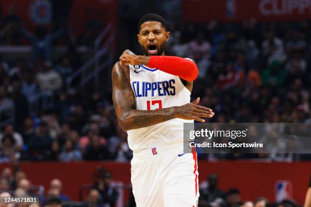 Clippers guard Paul George celebrates during a NBA game between the Utah Jazz and the Los Angeles Clippers on November 6, 2022 at Crypto.com Arena in...