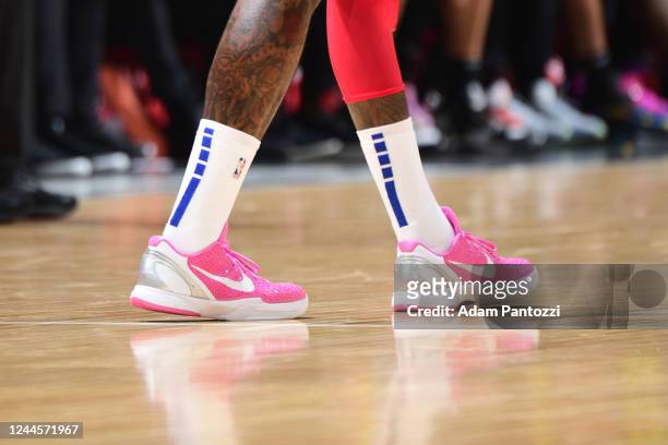 The sneakers worn by John Wall of the LA Clippers during the game against the Utah Jazz on November 6, 2022 at Crypto.com Arena in Los Angeles,...