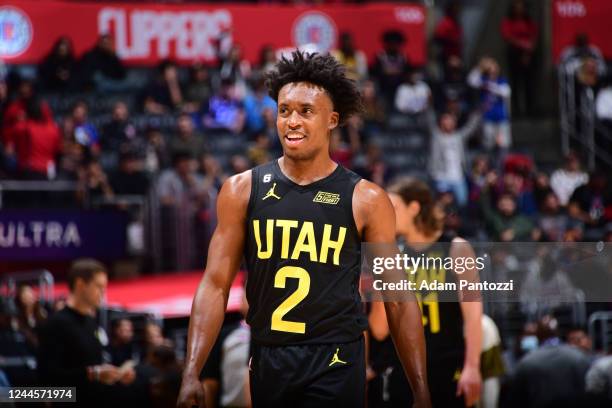 Collin Sexton of the Utah Jazz smiles during the game against the LA Clippers on November 6, 2022 at Crypto.com Arena in Los Angeles, California....