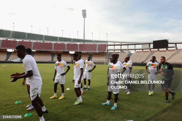 Cameroon's national team, also known as the Indomitable Lions football players, wear their new One All Sports equipment during training at the...