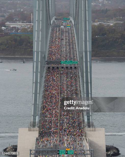 An aerial view of the TCS New York City Marathon taken from a helicopter in New York City, United States on November 06, 2022.