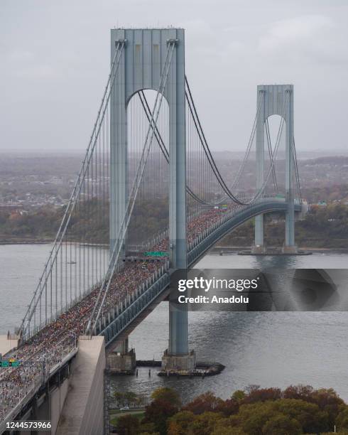 An aerial view of the TCS New York City Marathon taken from a helicopter in New York City, United States on November 06, 2022.