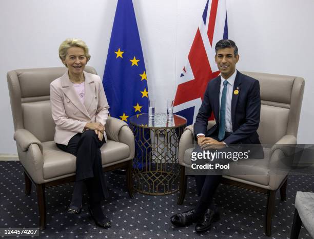 British Prime Minister Rishi Sunak meets with European Commission President Ursula von der Leyen during the UNFCCC COP27 climate conference on...