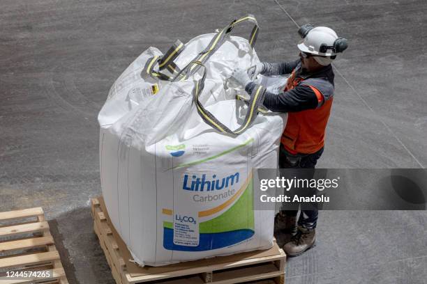 Worker checks bags containing lithium carbonate powder suitable for batteries to be shipped internationally in Antofagasta, Chile on October 25,...