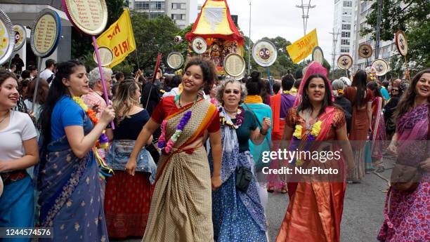 People celebrate the Ratha Yatra festival, in Sao Paulo, Brazil, on November 6, 2022.