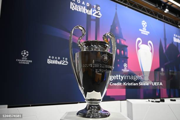 View of the UEFA Champions League trophy ahead of the UEFA Champions League 2022/23 Round of 16 draw at the UEFA Headquarters, The House of the...