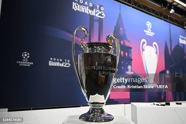 View of the UEFA Champions League trophy ahead of the UEFA Champions League 2022/23 Round of 16 draw at the UEFA Headquarters, The House of the...