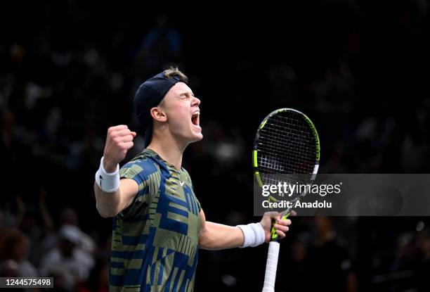 Winner Holger Rune of Denmark reacts after winning the match against Novak Djokovic of Serbia during the men's singles final at the ATP World Tour...