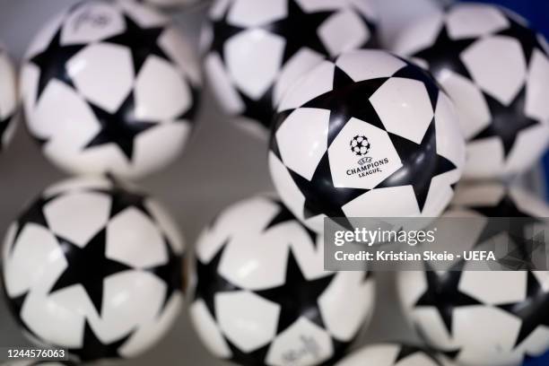 View of the draw balls during the UEFA Champions League 2022/23 Round of 16 draw at the UEFA Headquarters, The House of the European Football, on...