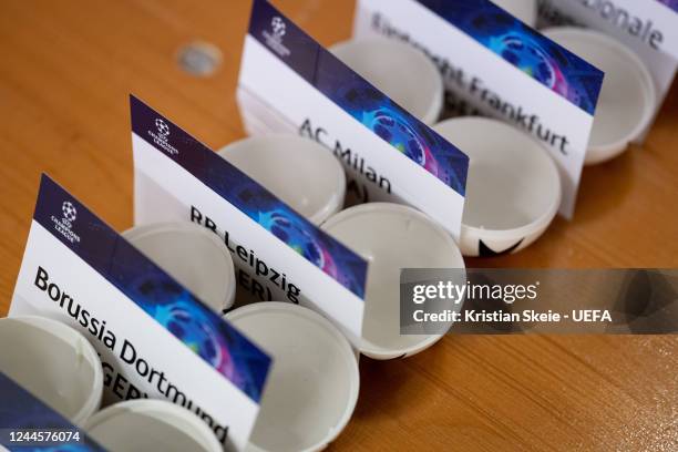 General view of the draw cards ahead of the UEFA Champions League 2022/23 Round of 16 Draw, UEFA Europa League 2022/23 Knock-out Round Play-offs...