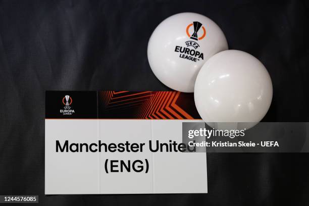 View of the card of Manchester United during the UEFA Europa League 2022/23 Knock-out Round Play-offs draw at the UEFA Headquarters, The House of the...