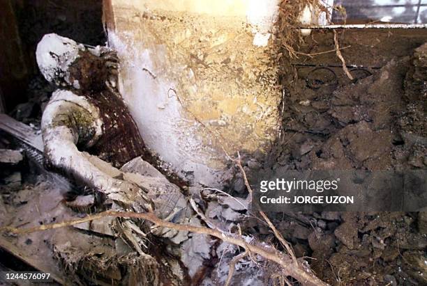 The body of a man burried by mud in the floods remains at the door of a house in Macuto, Venezuela, 21 December 1999. El cadaver de un hombre...