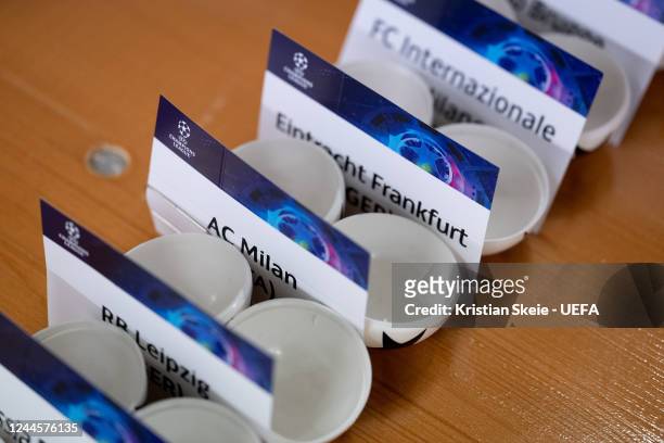 General view of the draw cards ahead of the UEFA Champions League 2022/23 Round of 16 Draw, UEFA Europa League 2022/23 Knock-out Round Play-offs...