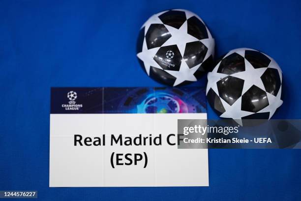 View of the draw card of Real Madrid CF during the UEFA Champions League 2022/23 Round of 16 draw at the UEFA Headquarters, The House of the European...