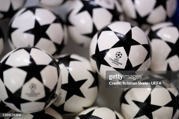 View of the draw balls during the UEFA Champions League 2022/23 Round of 16 draw at the UEFA Headquarters, The House of the European Football, on...