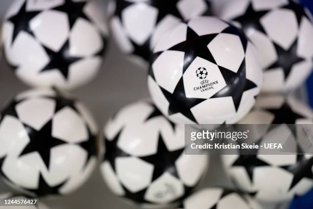 View of the draw balls during the UEFA Champions League 2022/23 Round of 16 draw at the UEFA Headquarters, The House of the European Football, on...