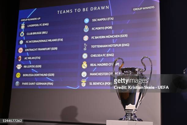 View of the draw participants ahead of the UEFA Champions League 2022/23 Round of 16 draw at the UEFA Headquarters, The House of the European...