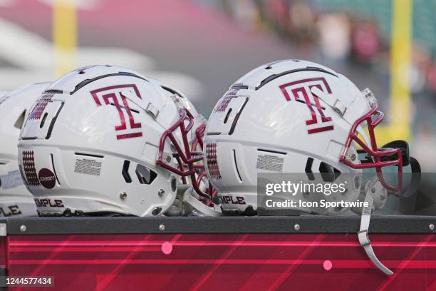 Temple Owls helmet sits on a cart during the game between the South Florida Bulls and the Temple Owls on November 5, 2022 at Lincoln Financial Field...