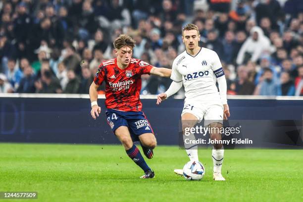 Johann LEPENANT of Lyon and Valentin RONGIER of Marseille during the Ligue 1 Uber Eats match between Olympique de Marseille v Olympique Lyonnais at...