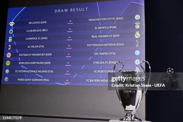 View of the draw result following the UEFA Champions League 2022/23 Round of 16 draw at the UEFA Headquarters, The House of the European Football, on...