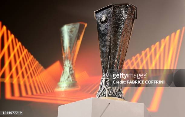 The UEFA Europa League trophy is pictured before the draw for the round of 16 of the 2022-2023 UEFA Europa League football tournament in Nyon on...