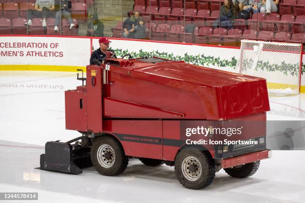 General view of the Zamboni ice resurfacer during a college hockey game between the Brown Bears and the Harvard Crimson on November 4 at...