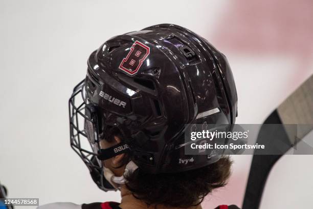 General view of a Brown Bears hockey helmet during a college hockey game between the Brown Bears and the Harvard Crimson on November 4 at...