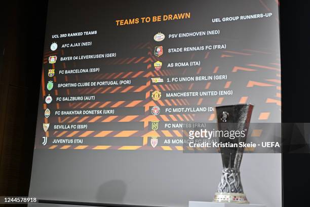 View of the draw participants during the UEFA Europa League 2022/23 Knock-out Round Play-offs draw at the UEFA Headquarters, The House of the...