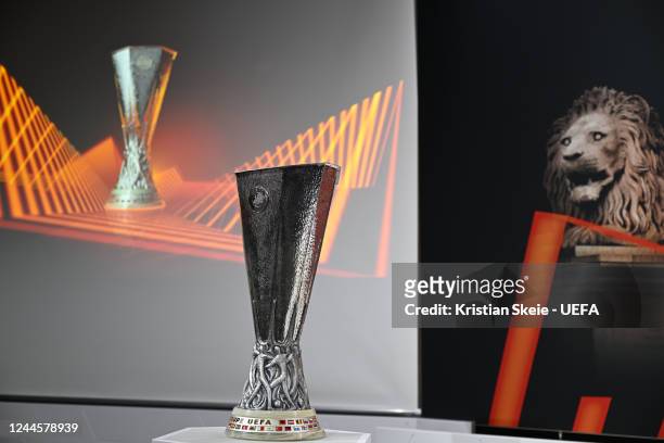 View of the trophy ahead of the UEFA Europa League 2022/23 Knock-out Round Play-offs draw at the UEFA Headquarters, The House of the European...