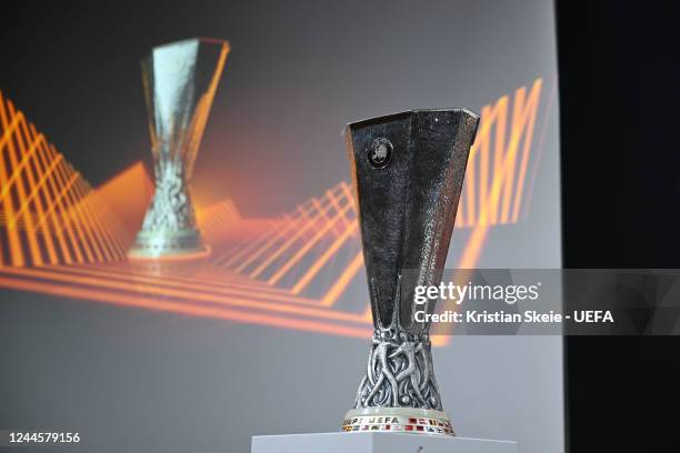 View of the trophy ahead of the UEFA Europa League 2022/23 Knock-out Round Play-offs draw at the UEFA Headquarters, The House of the European...